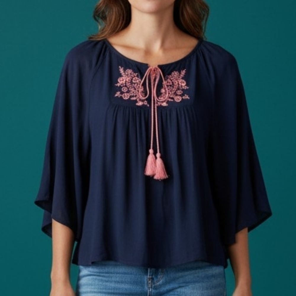 3/$30 RUE 21 Navy Blue Floral Embroidered Dolman Sleeve Flounce Blouse